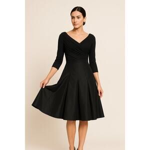 Tadashi Size 8P Black V-Neck Cocktail Dress Ruched Top, Pleated Full Skirt, LBD